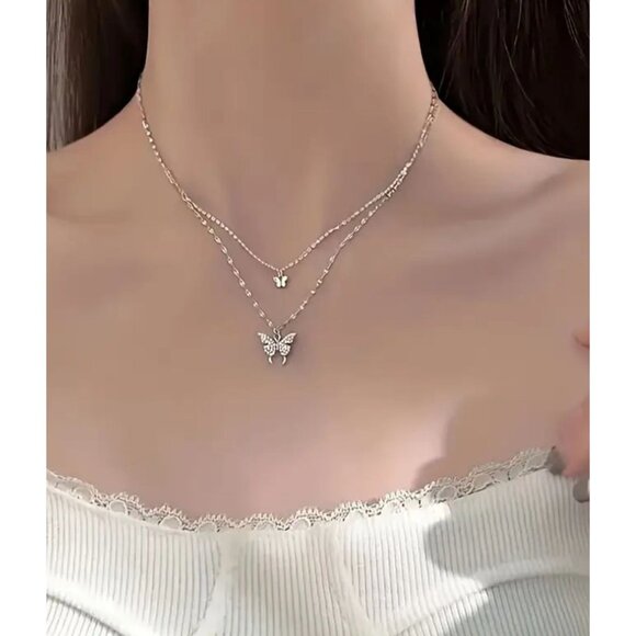 Double-Layer Butterfly Necklace Charm in Silvery/Golden - Picture 1 of 4